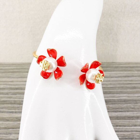 Tory Burch Golden and Red Flower Pearls Bracelet Red OS - Picture 8 of 12